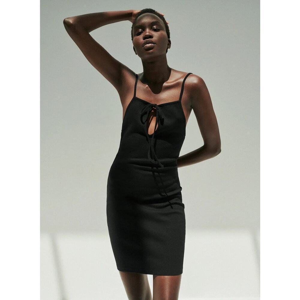Zara Black Cotton Bodycon Slit Rib Dress size Medium NWT - Picture 2 of 6